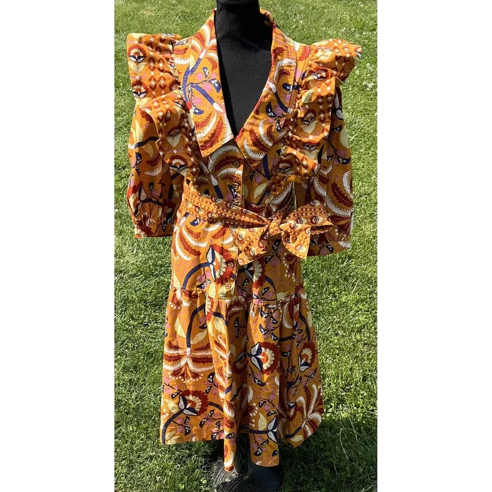Farm Rio Shirt Dress Womens Small Yellow‎ Palms Party Midi Ruffle Belted Floral